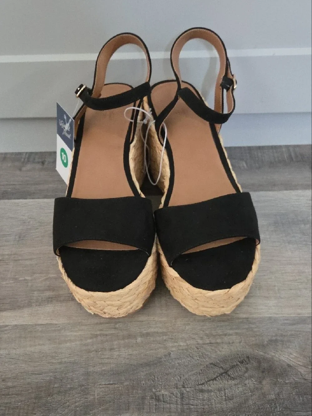 Women’s Black Espadrille Wedge Sandals with Ankle Strap, Size 10, New In Box